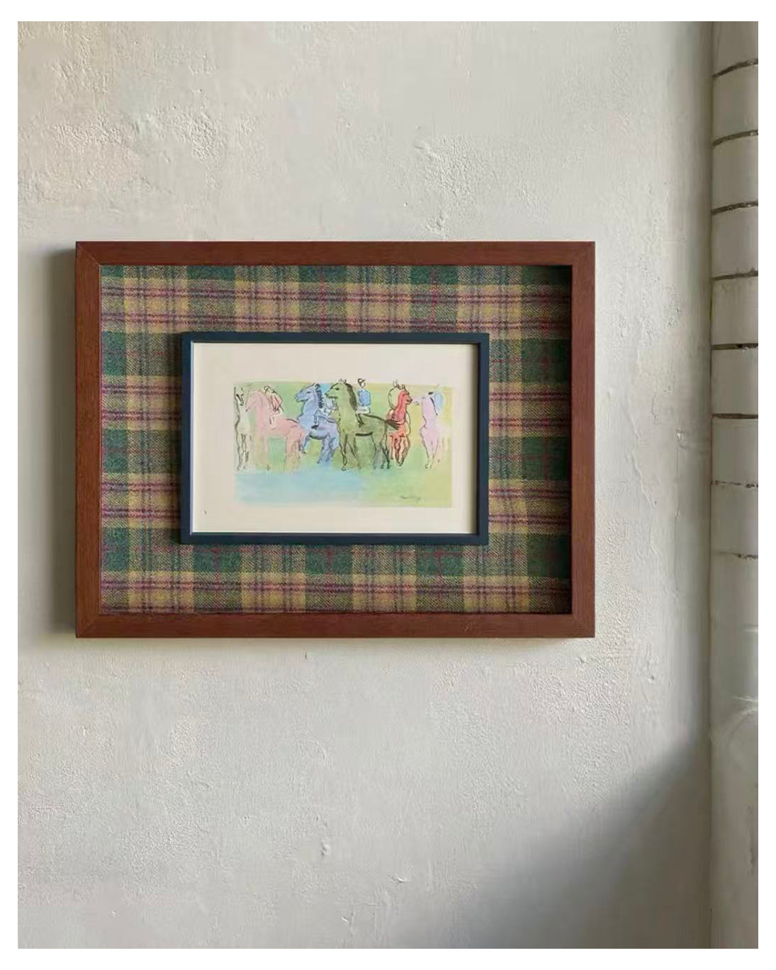 Watercolor illustration of a small horse in England, featuring a classic and upscale decorative painting for the living room and dining area.